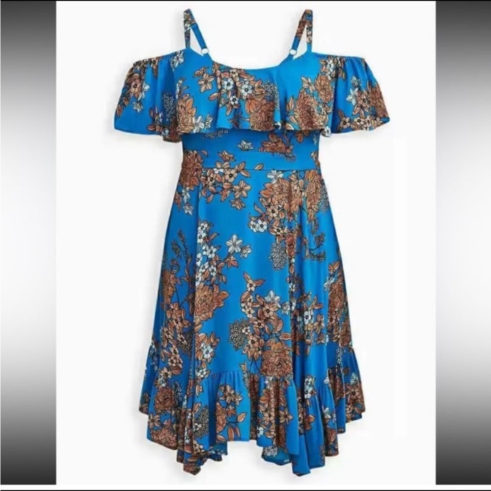 TORRID Blue Floral Cold Shoulder Handkerchief Dress